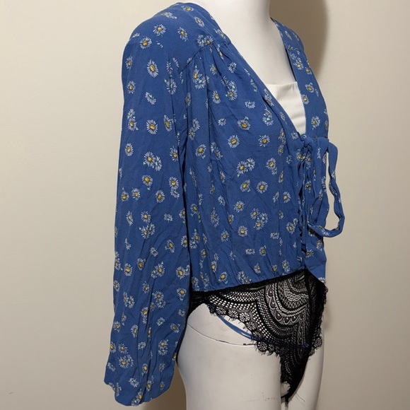 Free People Forties Feels Blue Floral Print Top Bell Sleeve Bodysuit Boho - Picture 7 of 15